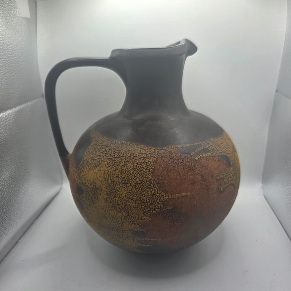 Vintage Art Pottery Pitcher Jug Crackle Glaze Abstract Brown Black Gold Large